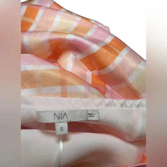 Nia Halter Mini Dress NWOT Satin Look Plaid Orange Pink Size S Sample - Picture 5 of 5